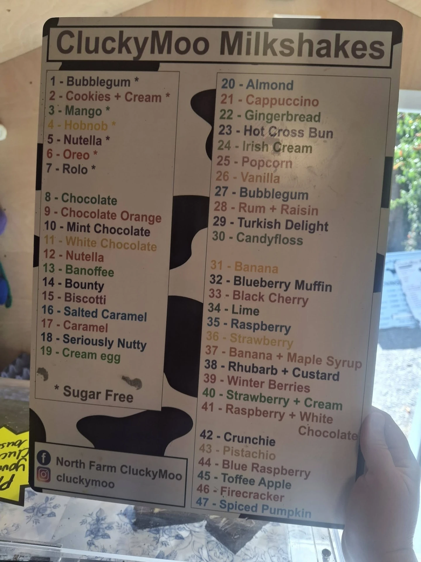 CluckyMoo milkshake selection board